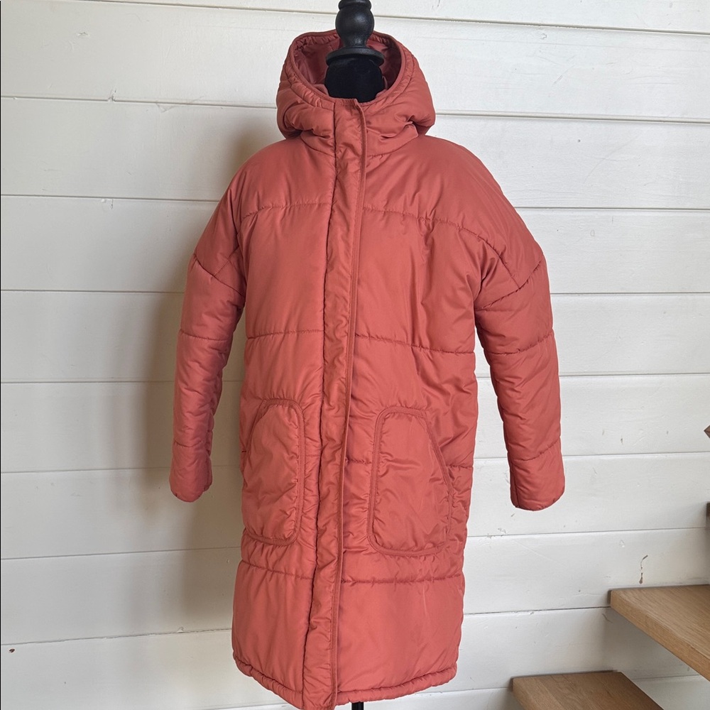 DIP Women’s Medium Long Hooded Puffer Coat Coral Pink Winter Jacket